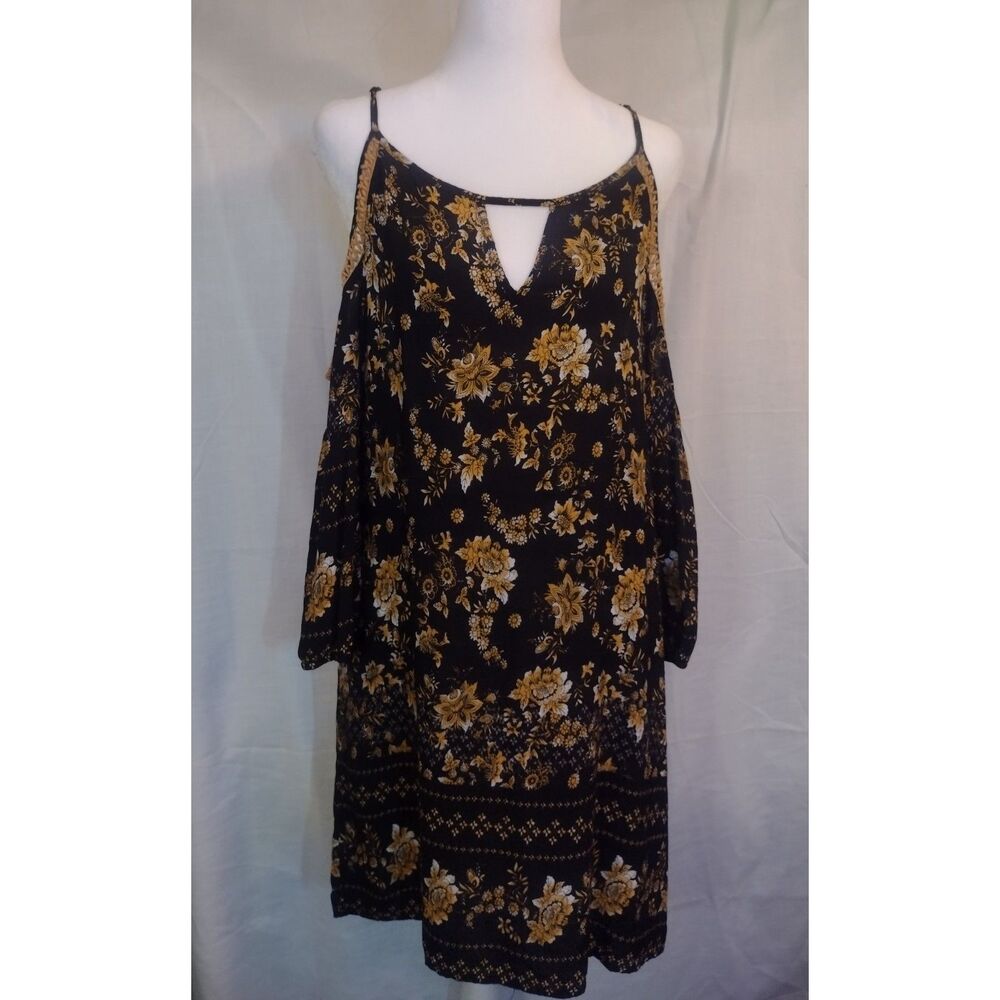 Wet Seal Floral Cold-Shoulder Mini Dress Black Gold Boho Sz M